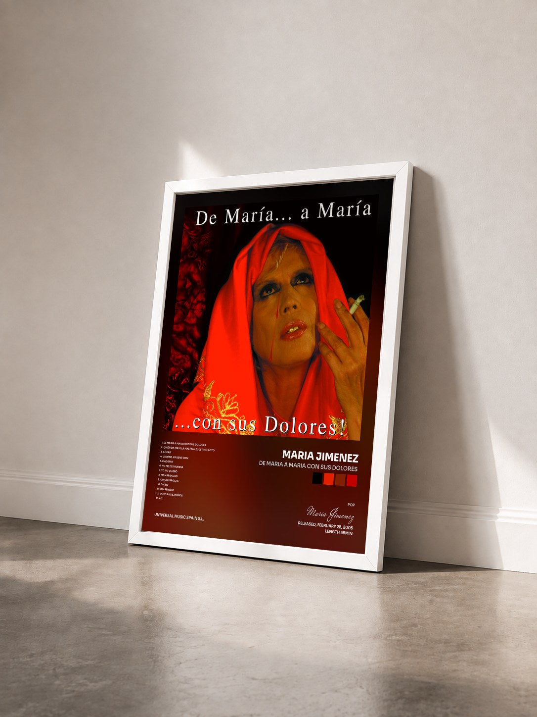 #blanc Tableau de l'album De Maria A Maria Con Sus Dolores de Maria Jimenez vu de trois quarts, cadre blanc
