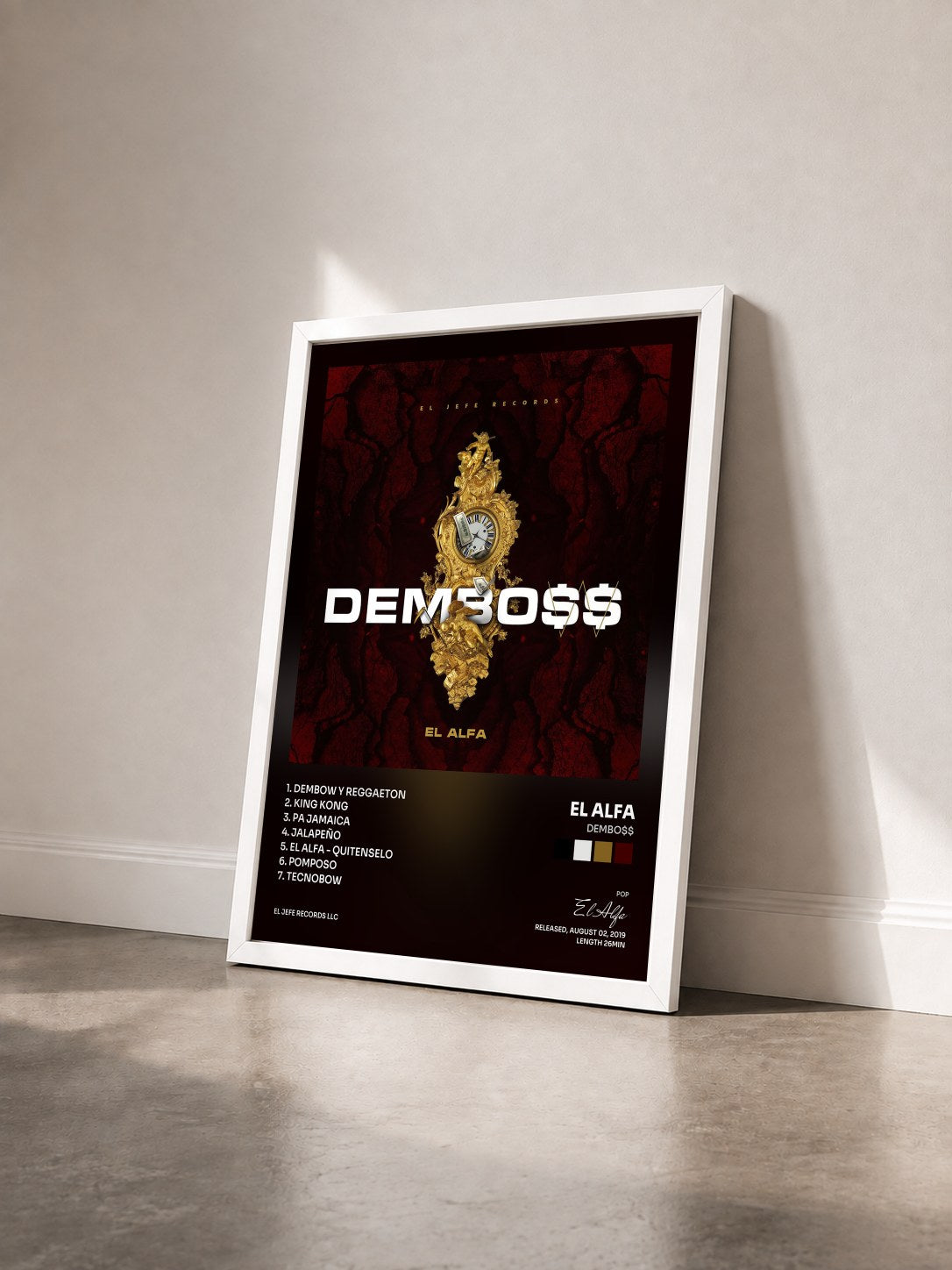 #blanc Tableau de l'album DEMBO$$ de El Alfa vu de trois quarts, cadre blanc