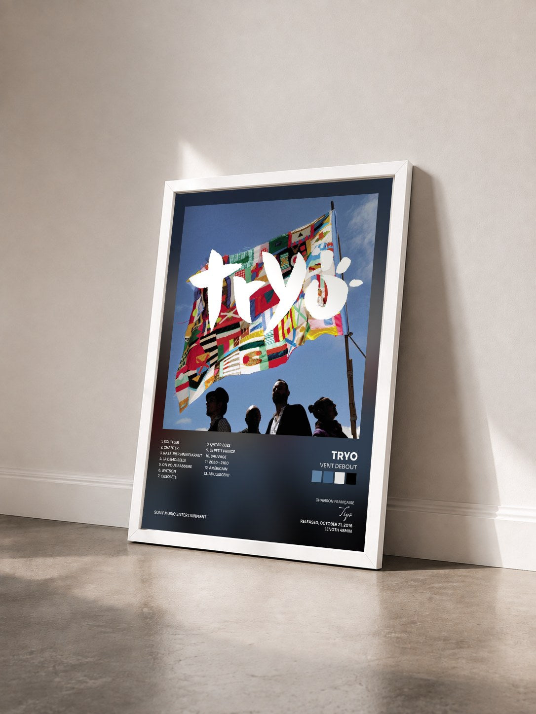 #blanc Tableau de l'album Vent debout de Tryo vu de trois quarts, cadre blanc
