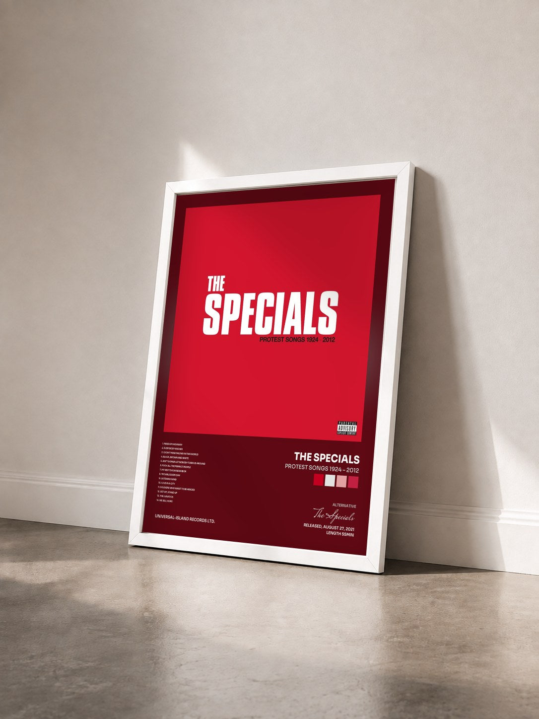 #blanc Tableau de l'album Protest Songs 1924 – 2012 de The Specials vu de trois quarts, cadre blanc