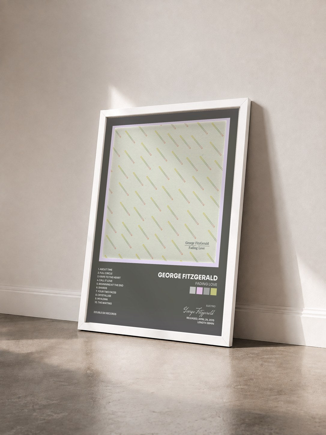 #blanc Tableau de l'album Fading Love de George Fitzgerald vu de trois quarts, cadre blanc