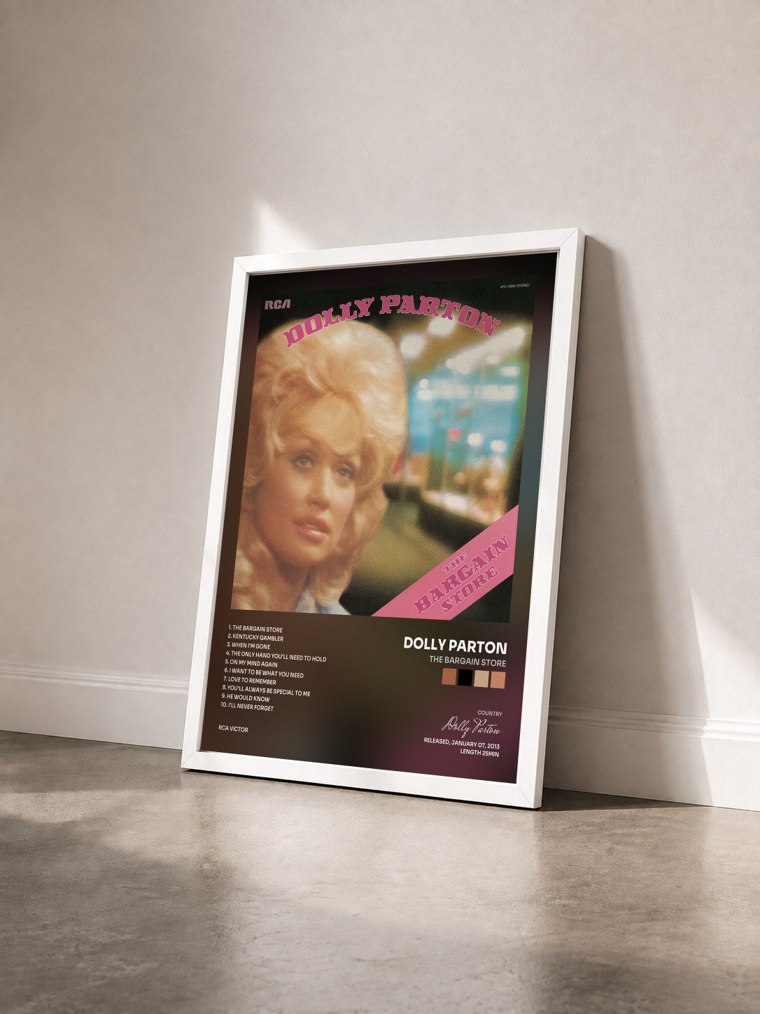 #blanc Tableau de l'album The Bargain Store de Dolly Parton vu de trois quarts, cadre blanc