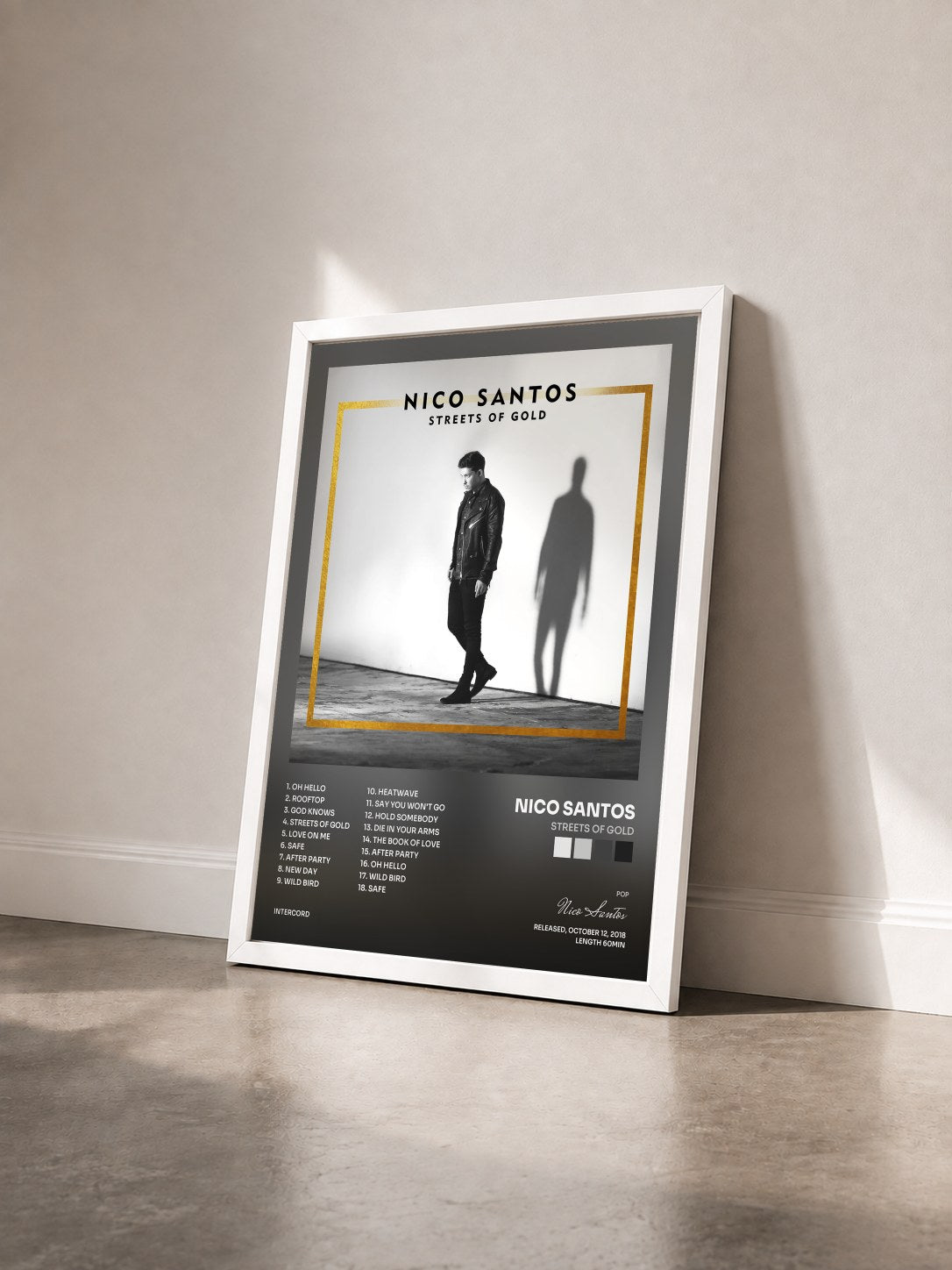 #blanc Tableau de l'album Streets Of Gold de Nico Santos vu de trois quarts, cadre blanc