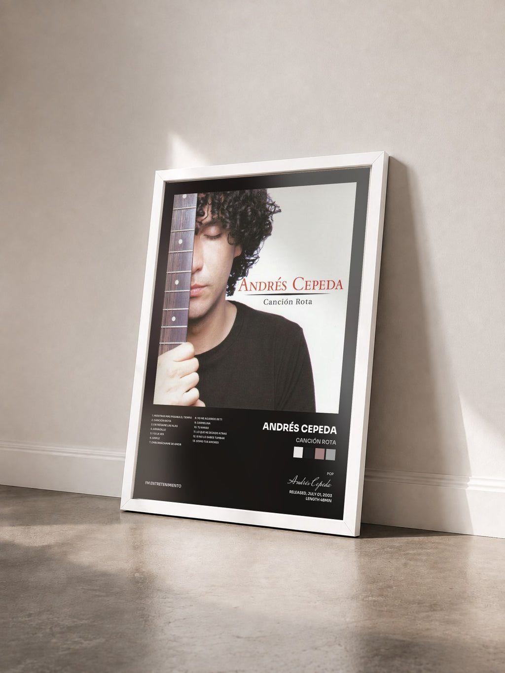 #blanc Tableau de l'album Canción Rota de Andrés Cepeda vu de trois quarts, cadre blanc