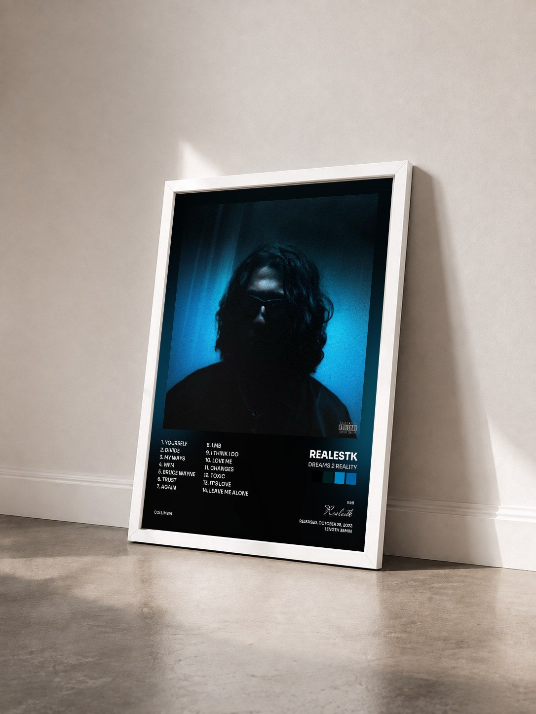 #blanc Tableau de l'album Dreams 2 Reality de Realestk vu de trois quarts, cadre blanc