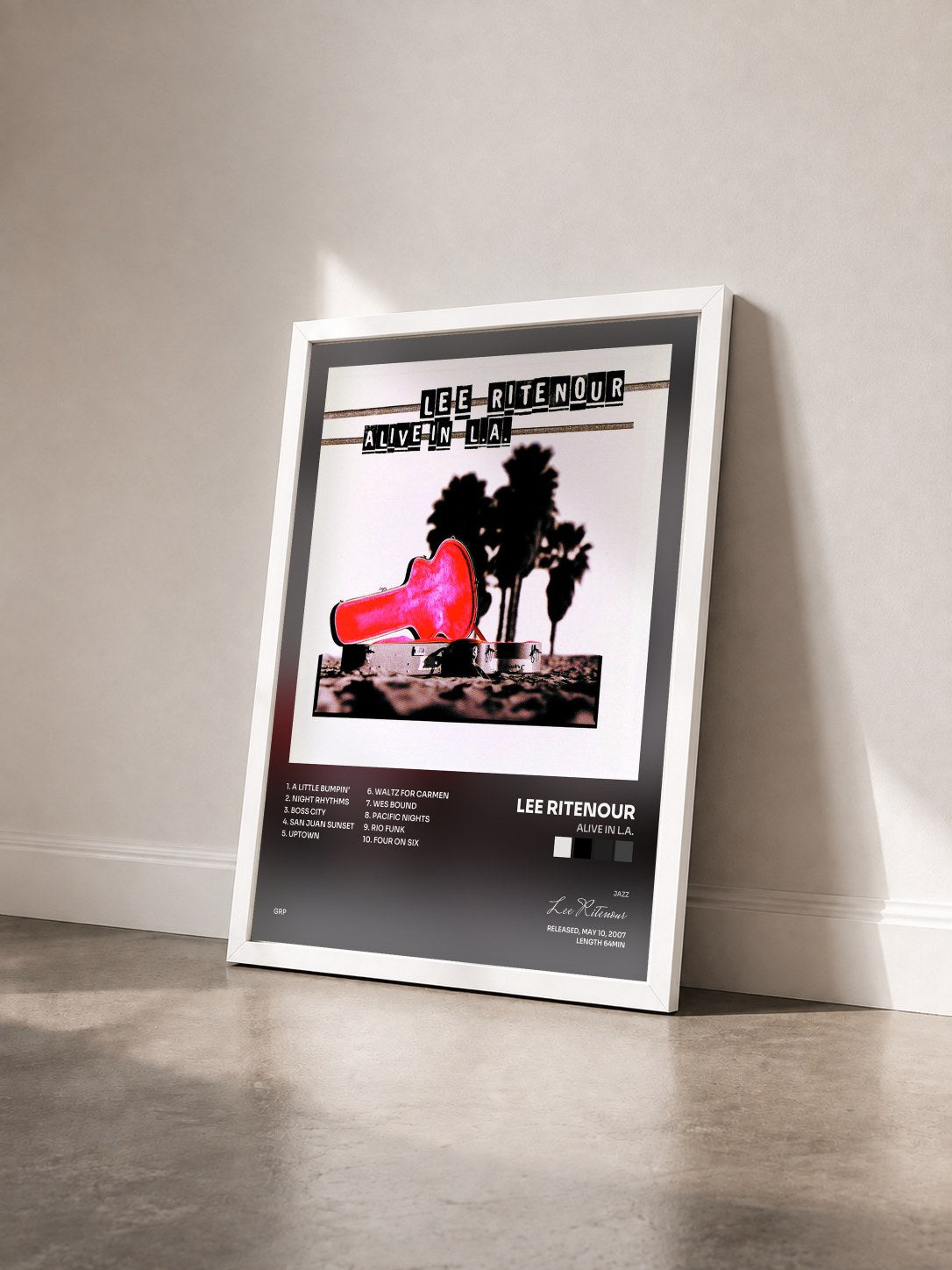 #blanc Tableau de l'album Alive In L.A. de Lee Ritenour vu de trois quarts, cadre blanc
