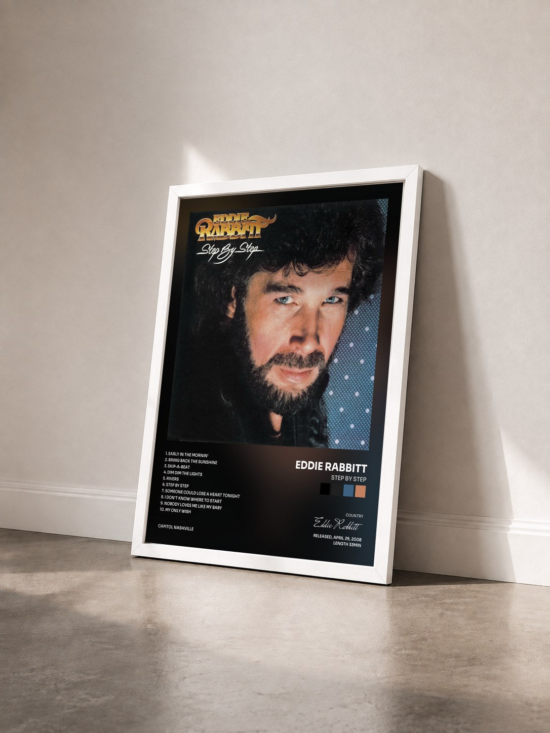 #blanc Tableau de l'album Step By Step de Eddie Rabbitt vu de trois quarts, cadre blanc