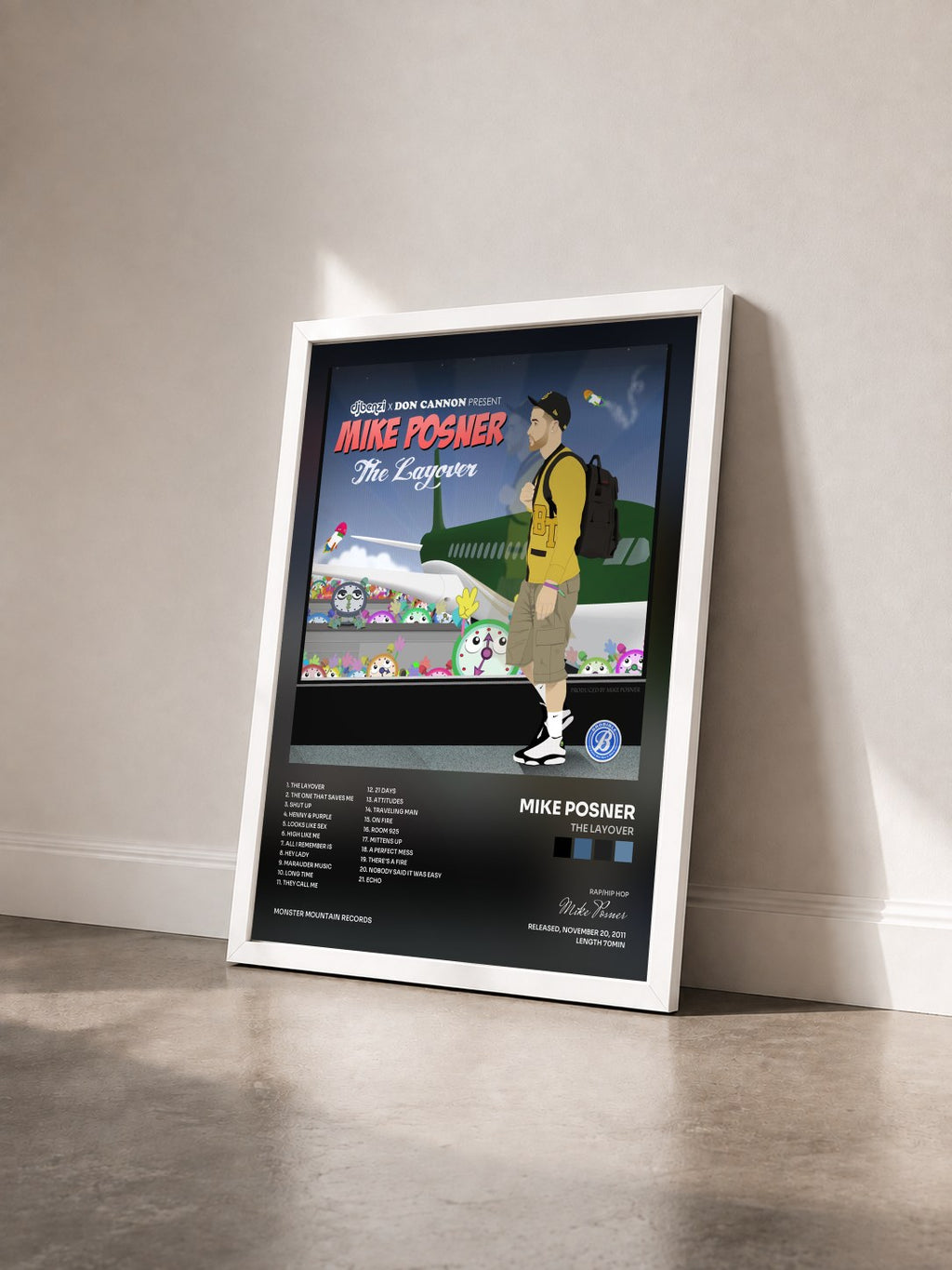 #blanc Tableau de l'album The Layover de Mike Posner vu de trois quarts, cadre blanc