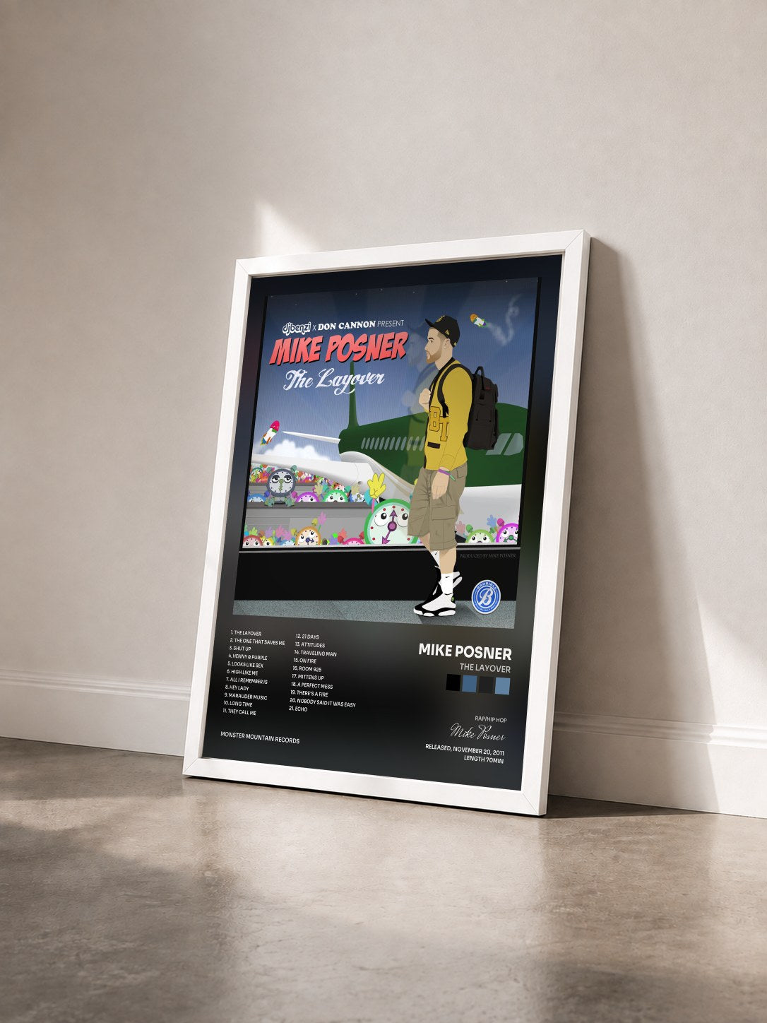 #blanc Tableau de l'album The Layover de Mike Posner vu de trois quarts, cadre blanc