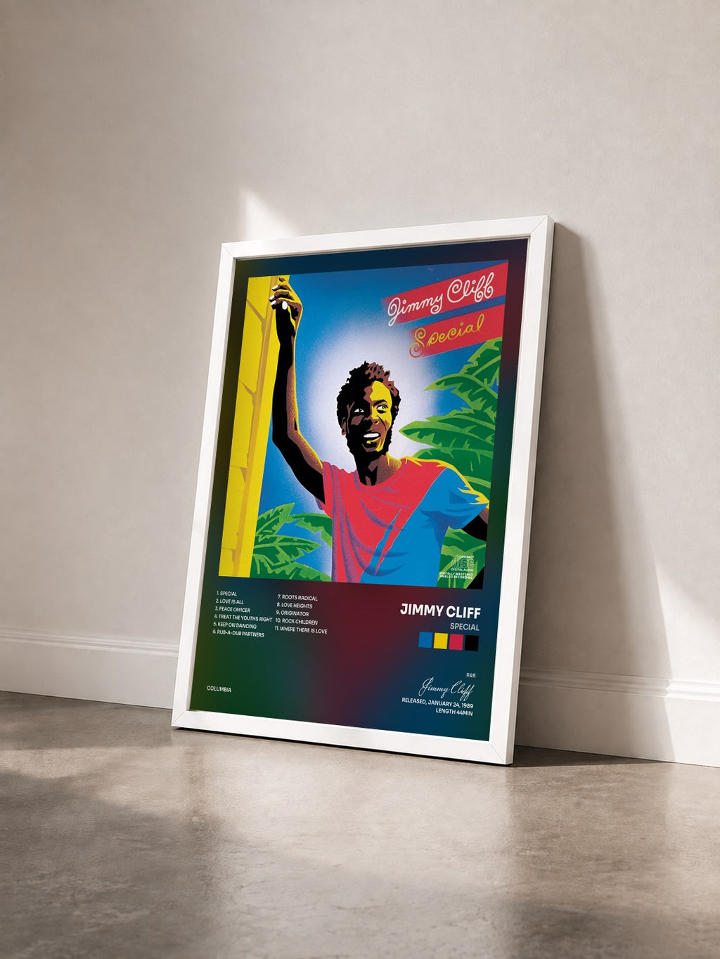 #blanc Tableau de l'album Special de Jimmy Cliff vu de trois quarts, cadre blanc