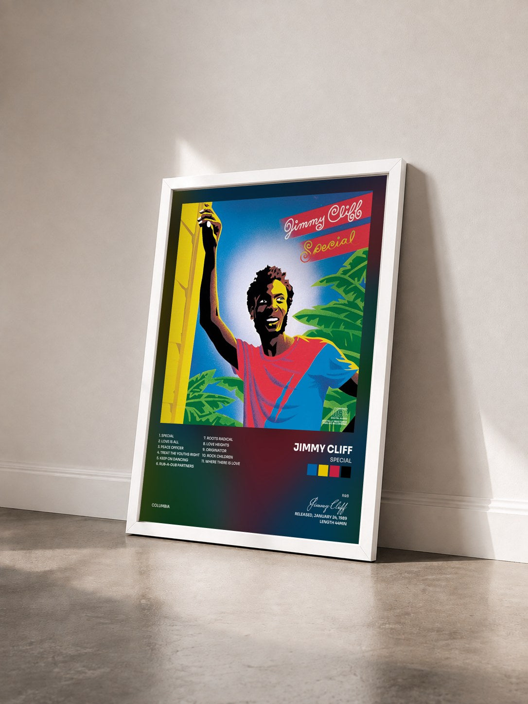 #blanc Tableau de l'album Special de Jimmy Cliff vu de trois quarts, cadre blanc
