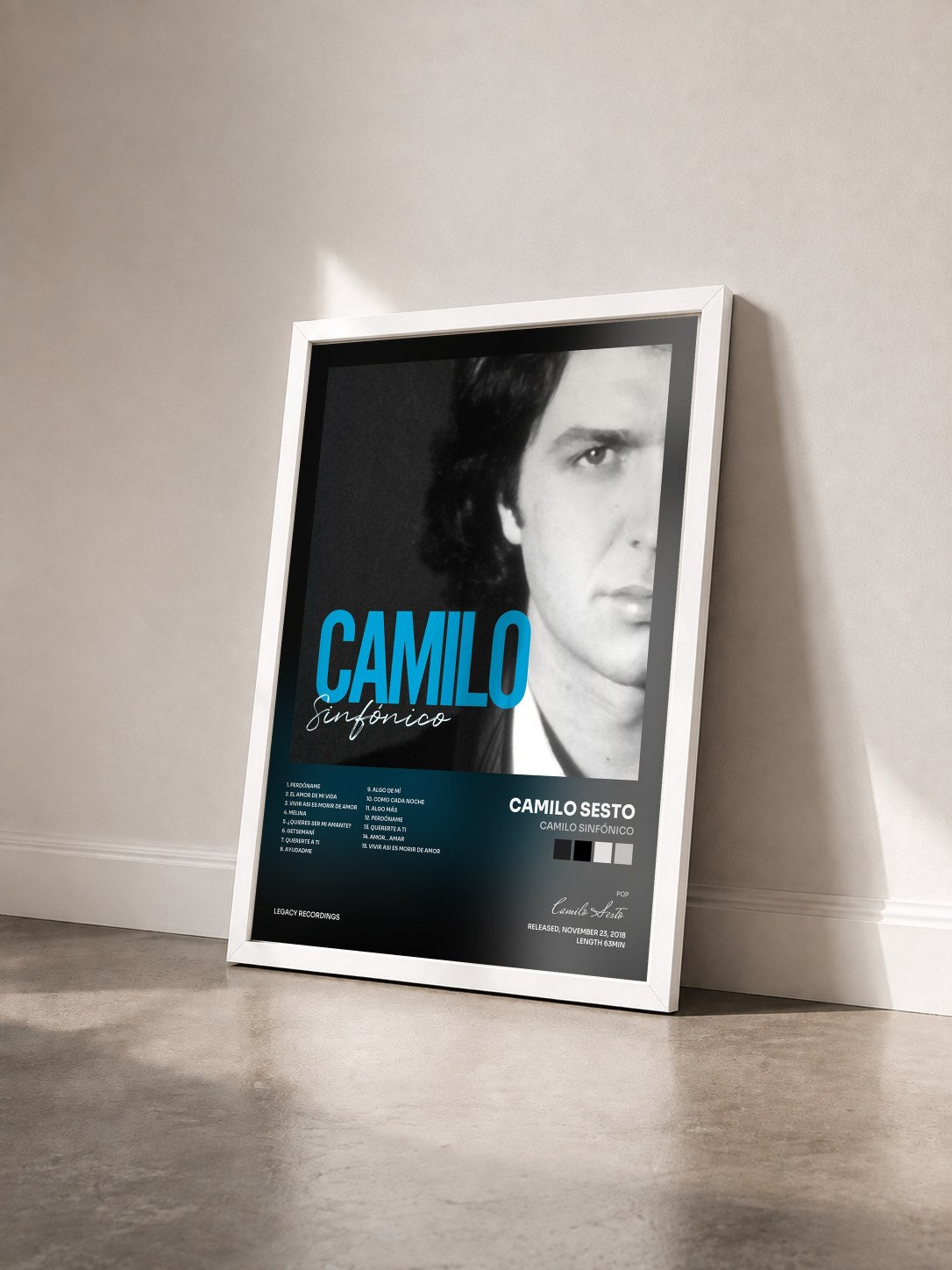 #blanc Tableau de l'album Camilo Sinfónico de Camilo Sesto vu de trois quarts, cadre blanc
