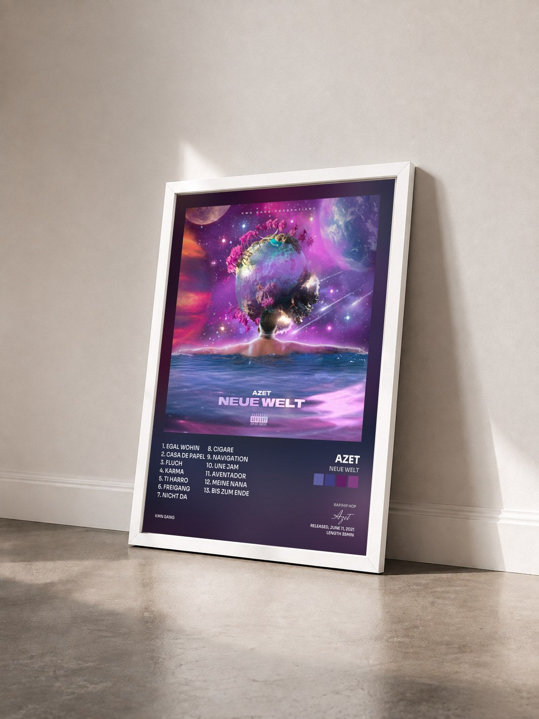 #blanc Tableau de l'album Neue Welt de Azet vu de trois quarts, cadre blanc