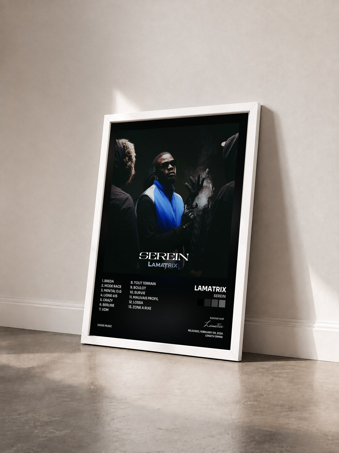 #blanc Tableau de l'album SEREIN de Lamatrix vu de trois quarts, cadre blanc