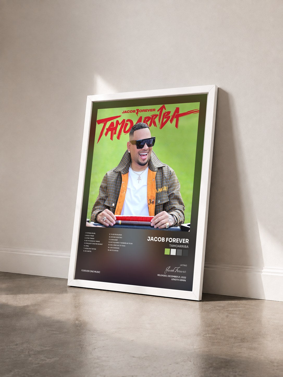 #blanc Tableau de l'album Tamoarriba de Jacob Forever vu de trois quarts, cadre blanc