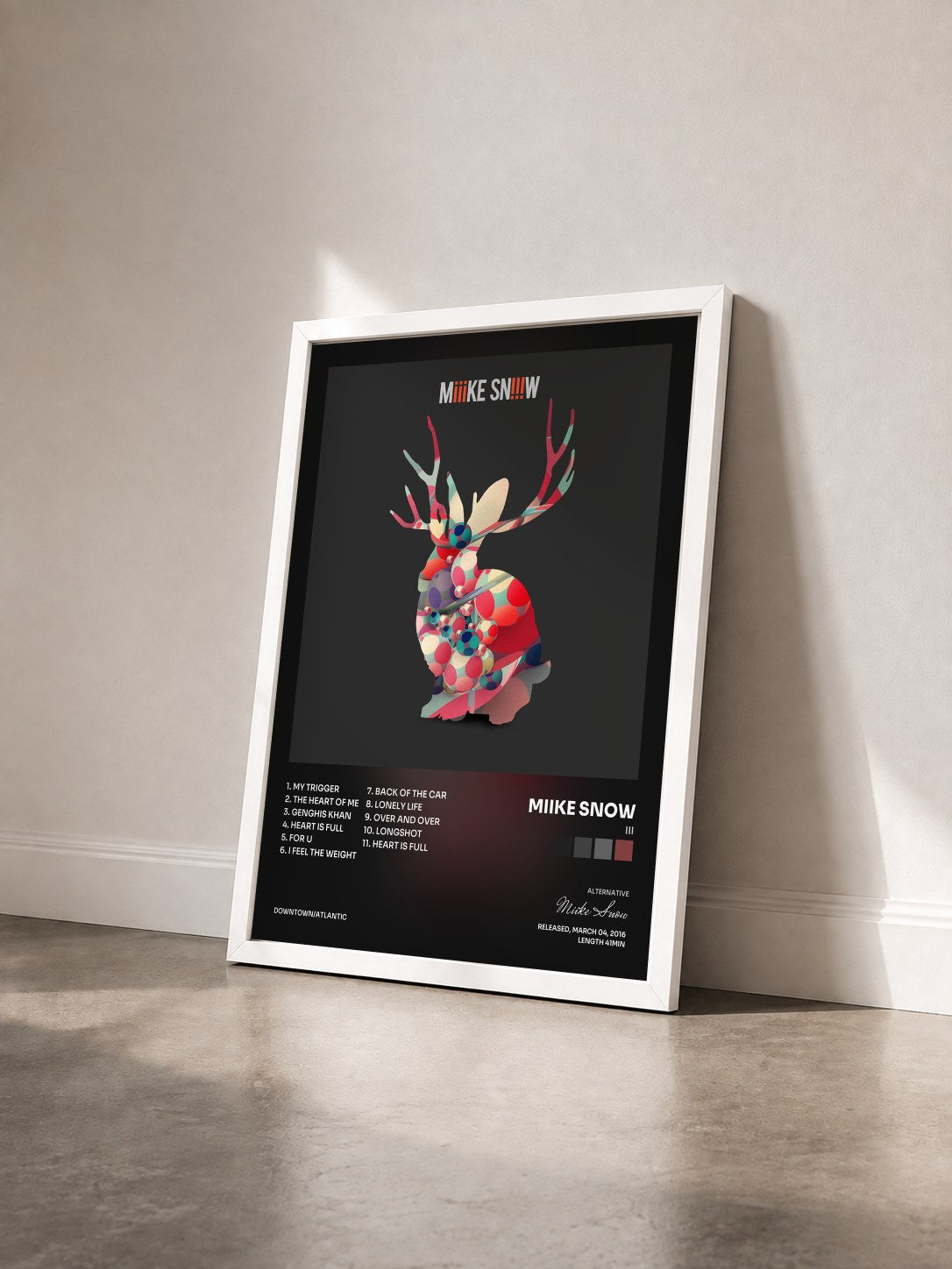 #blanc Tableau de l'album iii de Miike Snow vu de trois quarts, cadre blanc