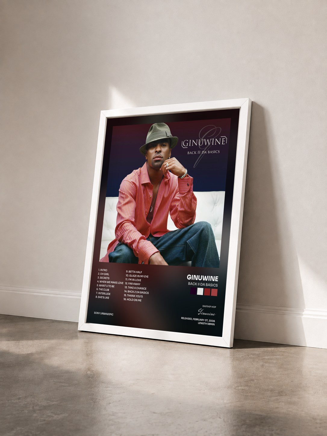 #blanc Tableau de l'album Back II Da Basics de Ginuwine vu de trois quarts, cadre blanc