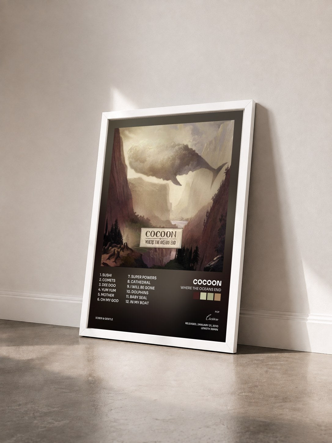 #blanc Tableau de l'album Where The Oceans End de Cocoon vu de trois quarts, cadre blanc