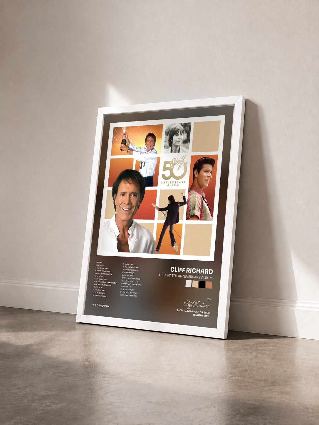 #blanc Tableau de l'album The Fiftieth Anniversary Album de Cliff Richard vu de trois quarts, cadre blanc