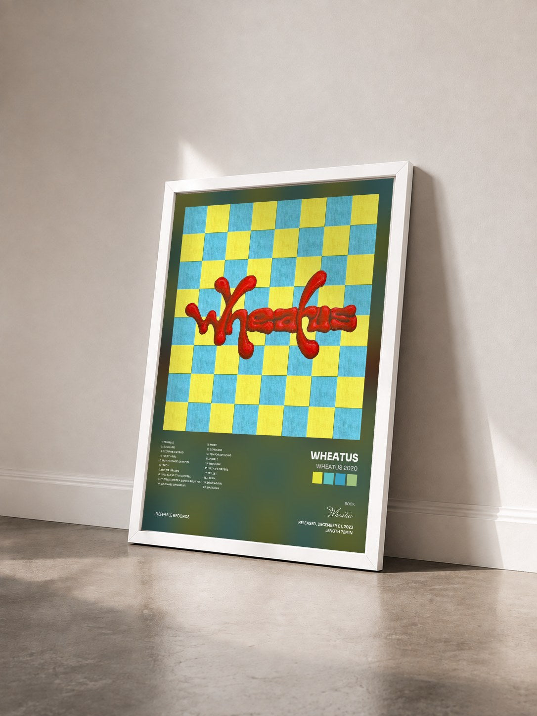 #blanc Tableau de l'album Wheatus 2020 de Wheatus vu de trois quarts, cadre blanc