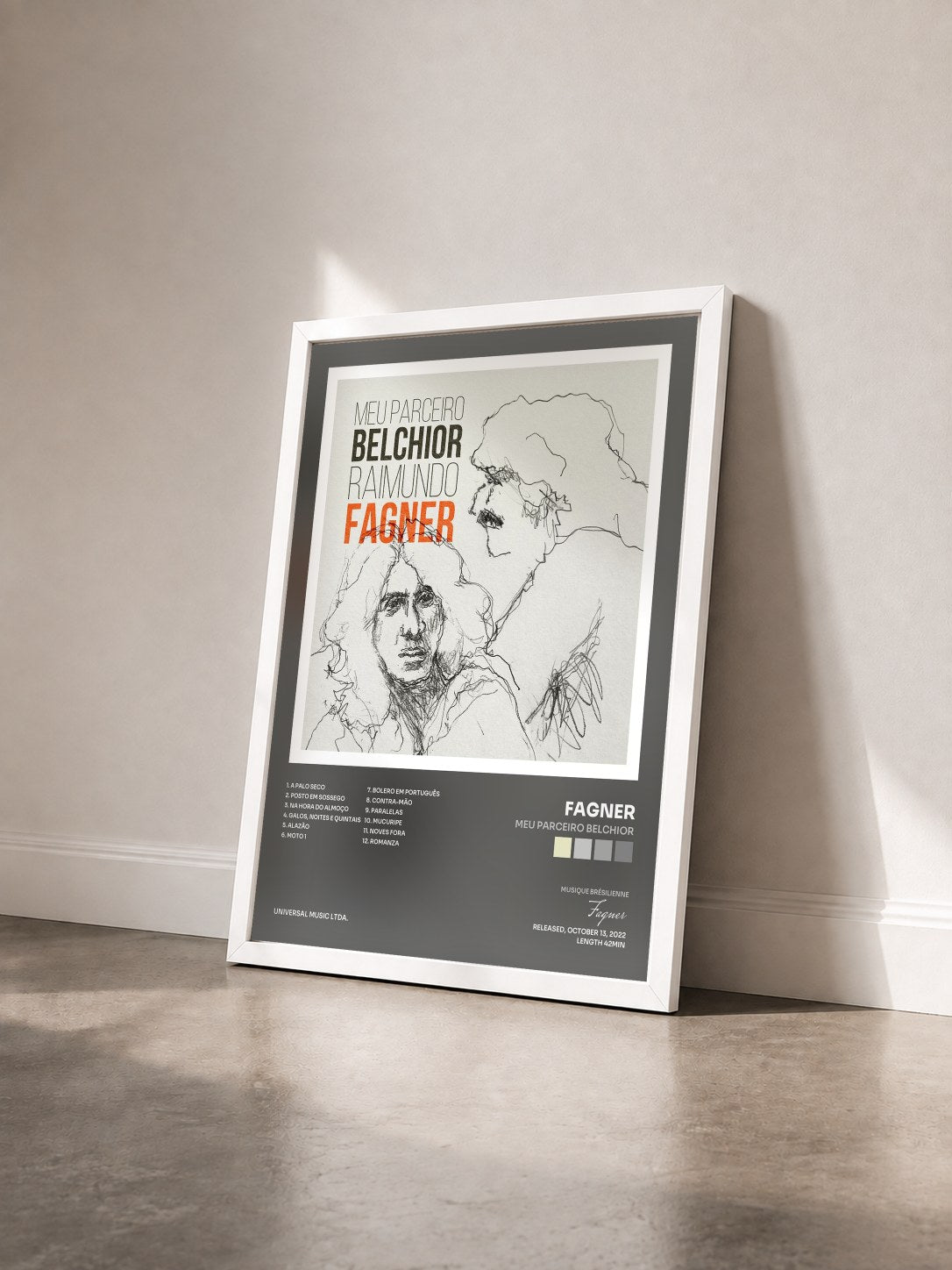 #blanc Tableau de l'album Meu Parceiro Belchior de Fagner vu de trois quarts, cadre blanc