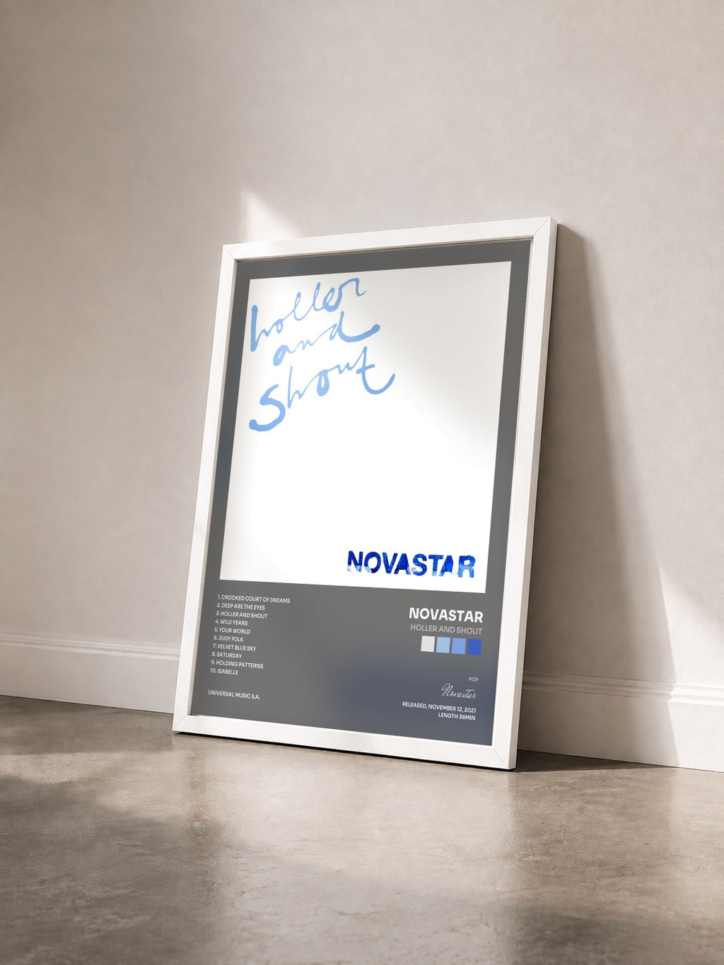 #blanc Tableau de l'album Holler And Shout de Novastar vu de trois quarts, cadre blanc
