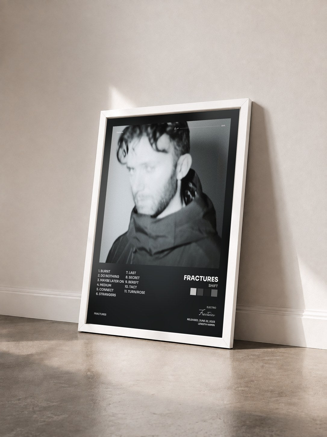 #blanc Tableau de l'album Shift de Fractures vu de trois quarts, cadre blanc