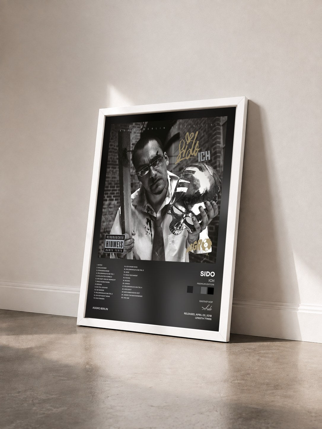 #blanc Tableau de l'album Ich (Premium Edition) de Sido vu de trois quarts, cadre blanc