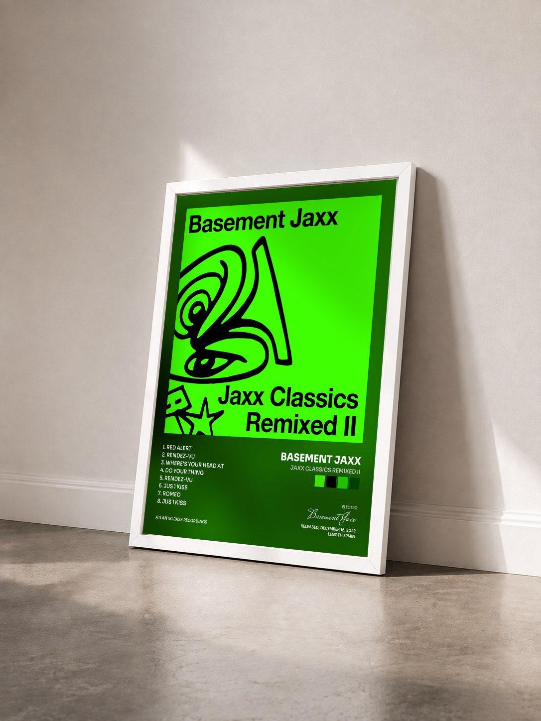 #blanc Tableau de l'album Jaxx Classics Remixed II de Basement Jaxx vu de trois quarts, cadre blanc