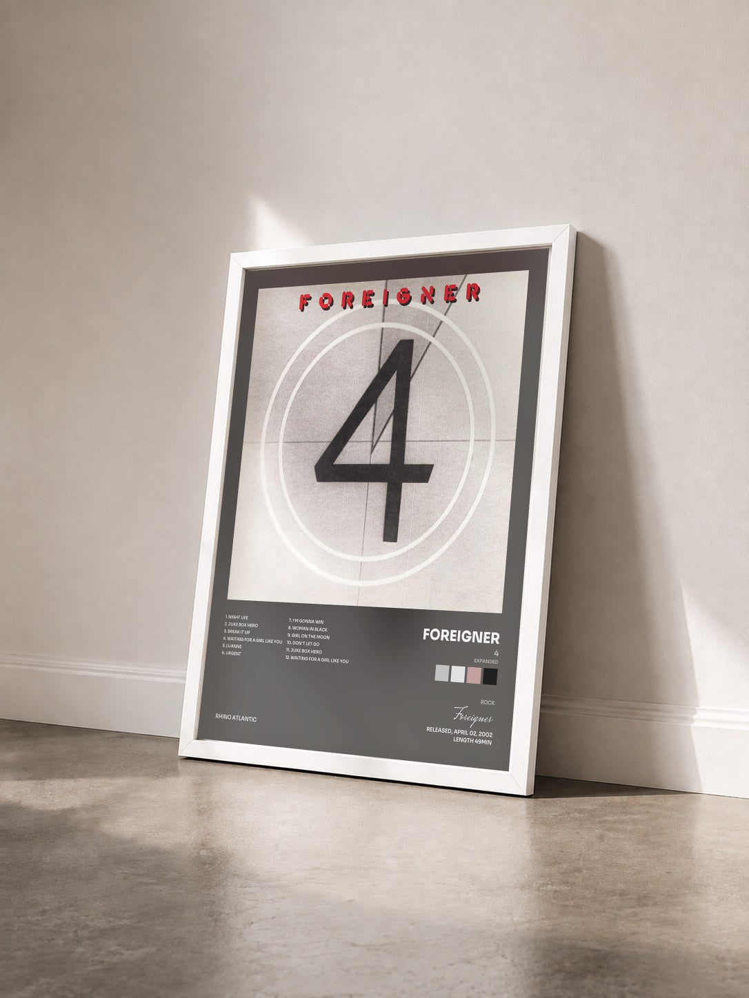 #blanc Tableau de l'album 4 (Expanded) de Foreigner vu de trois quarts, cadre blanc