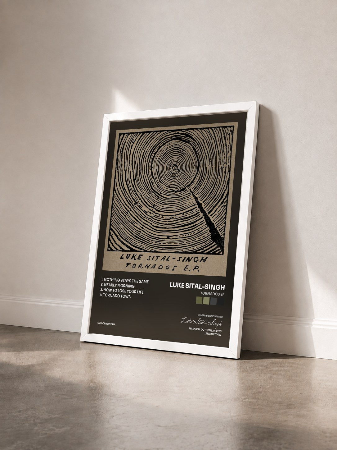 #blanc Tableau de l'album Tornados EP de Luke Sital-Singh vu de trois quarts, cadre blanc