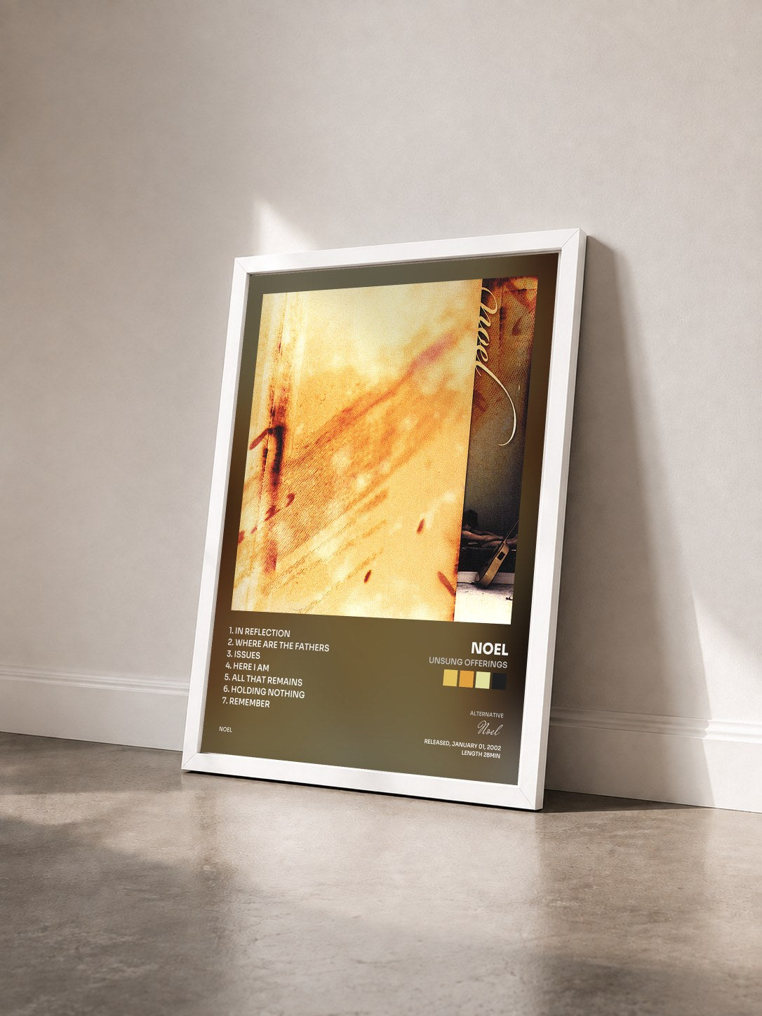 #blanc Tableau de l'album Unsung Offerings de Noel vu de trois quarts, cadre blanc