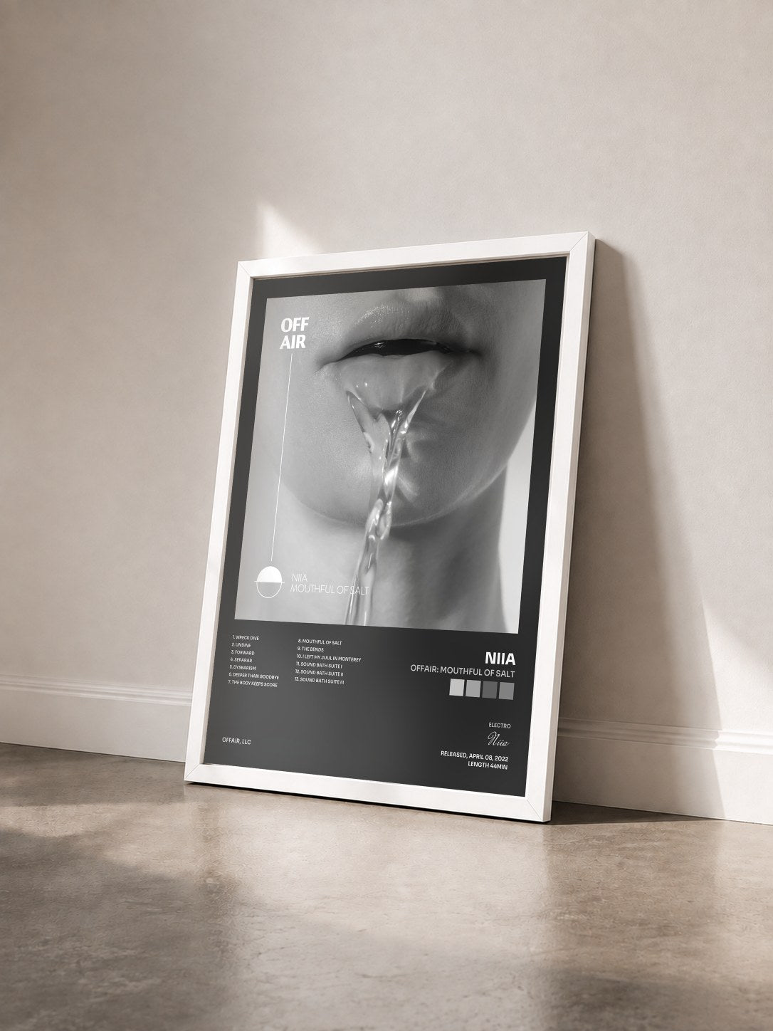 #blanc Tableau de l'album OFFAIR: Mouthful of Salt de Niia vu de trois quarts, cadre blanc
