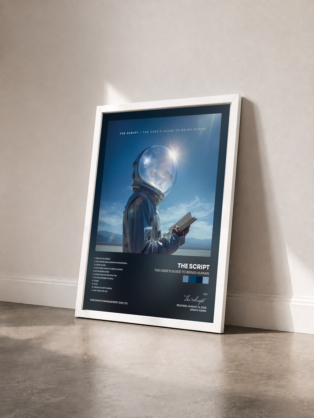 #blanc Tableau de l'album The User's Guide to Being Human de The Script vu de trois quarts, cadre blanc
