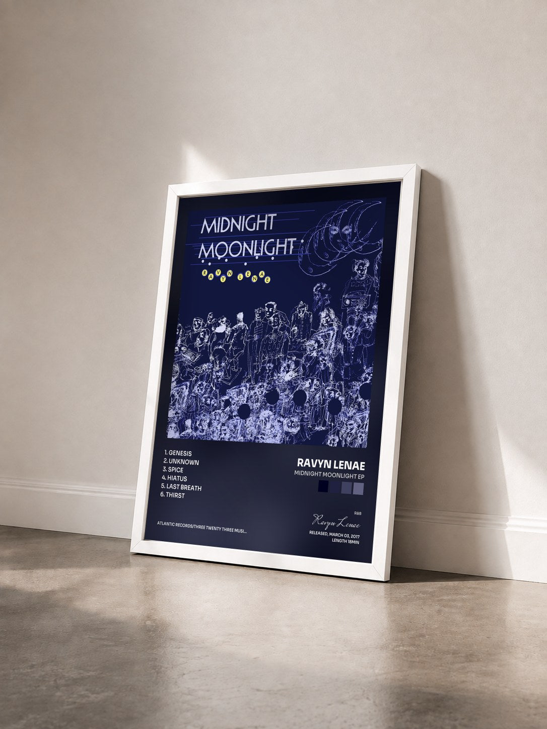 #blanc Tableau de l'album Midnight Moonlight EP de Ravyn Lenae vu de trois quarts, cadre blanc