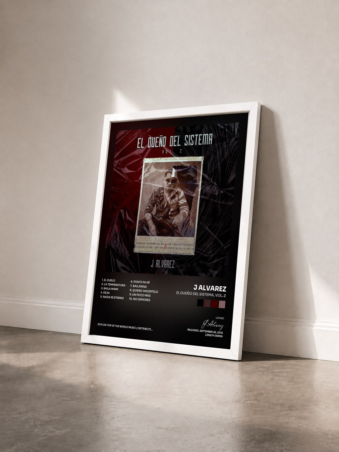 #blanc Tableau de l'album El Dueño del Sistema, Vol. 2 de J Alvarez vu de trois quarts, cadre blanc