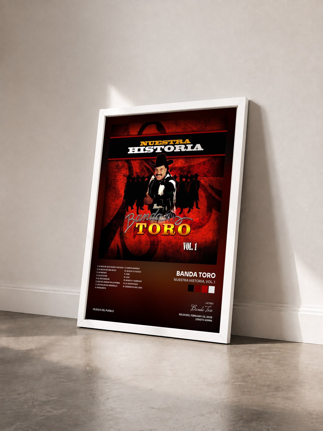 #blanc Tableau de l'album Nuestra Historia, Vol. 1 de Banda Toro vu de trois quarts, cadre blanc