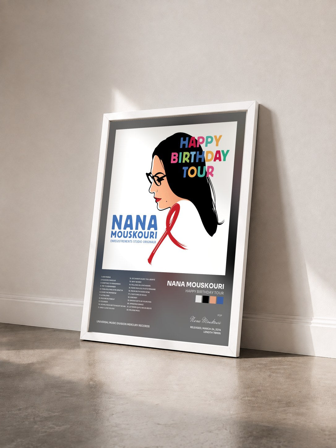 #blanc Tableau de l'album Happy Birthday Tour de Nana Mouskouri vu de trois quarts, cadre blanc