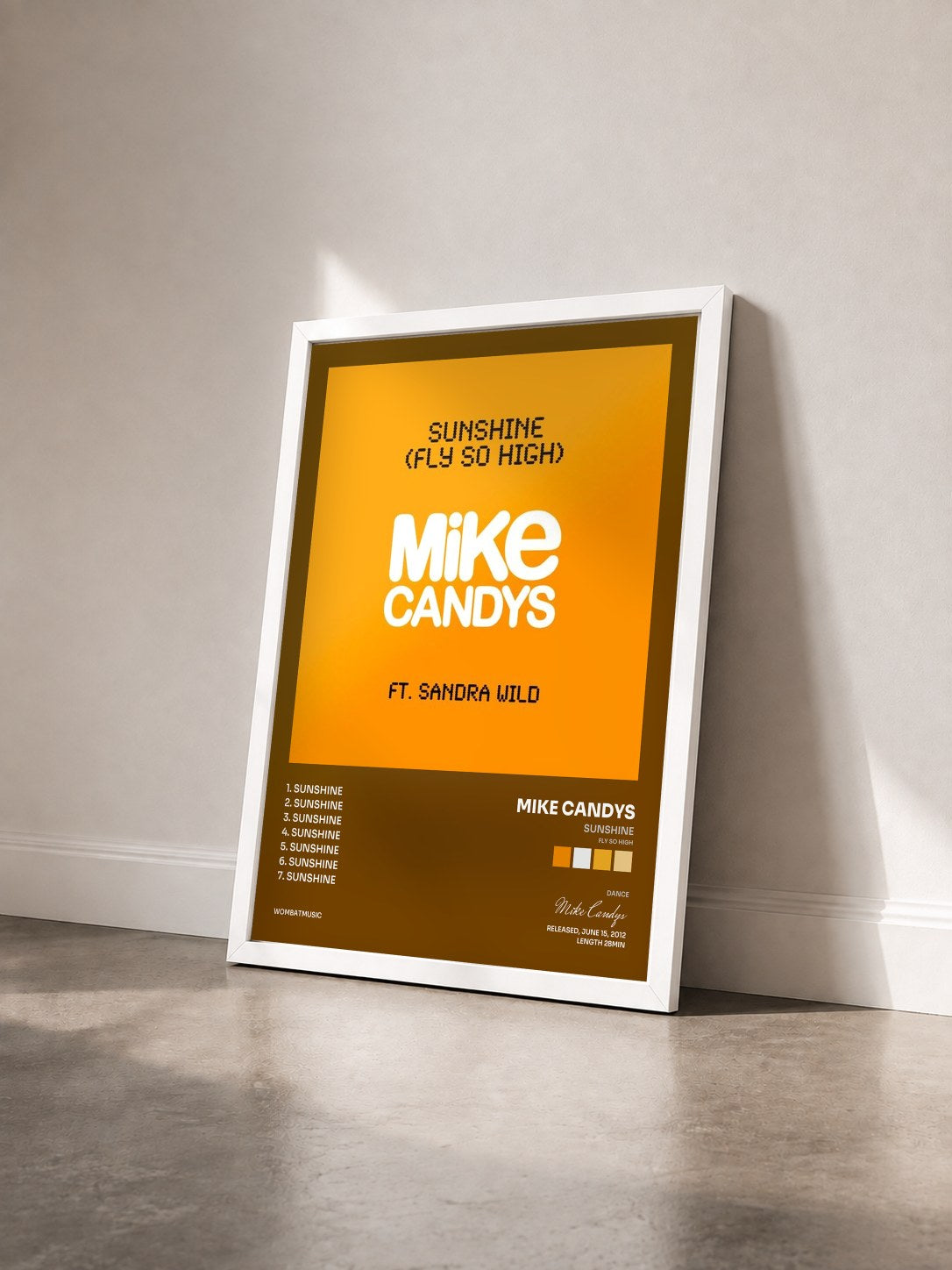 #blanc Tableau de l'album Sunshine (Fly so High) de Mike Candys vu de trois quarts, cadre blanc