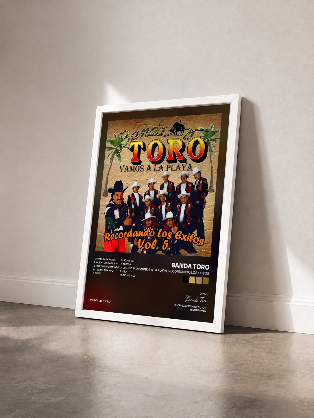 #blanc Tableau de l'album Vamos a la Playa, Recordando los Exitos de Banda Toro vu de trois quarts, cadre blanc