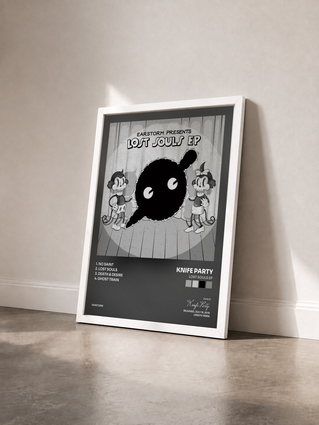 #blanc Tableau de l'album Lost Souls EP de Knife Party vu de trois quarts, cadre blanc