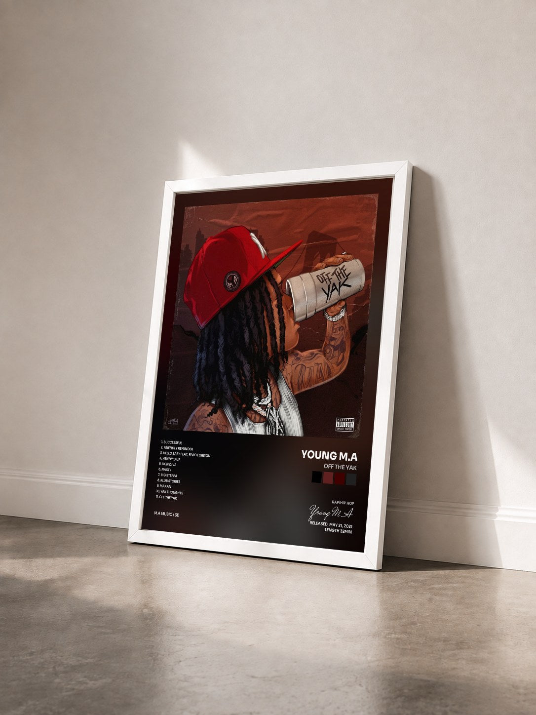 #blanc Tableau de l'album Off the Yak de Young M.A vu de trois quarts, cadre blanc