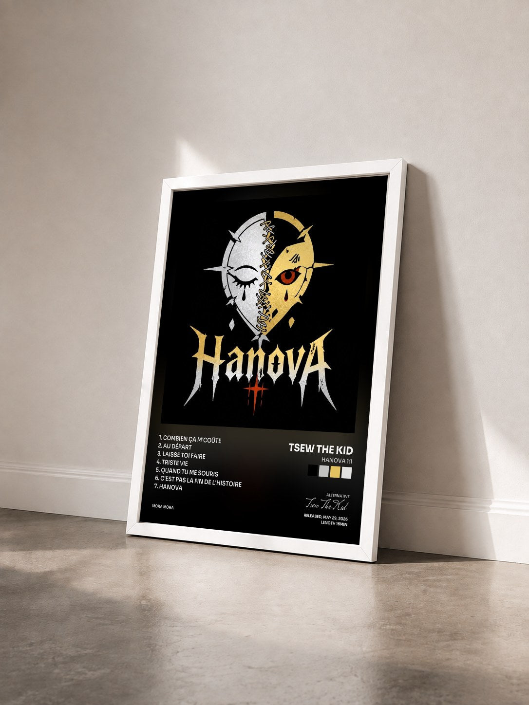 #blanc Tableau de l'album HANOVA 1:1 de Tsew The Kid vu de trois quarts, cadre blanc