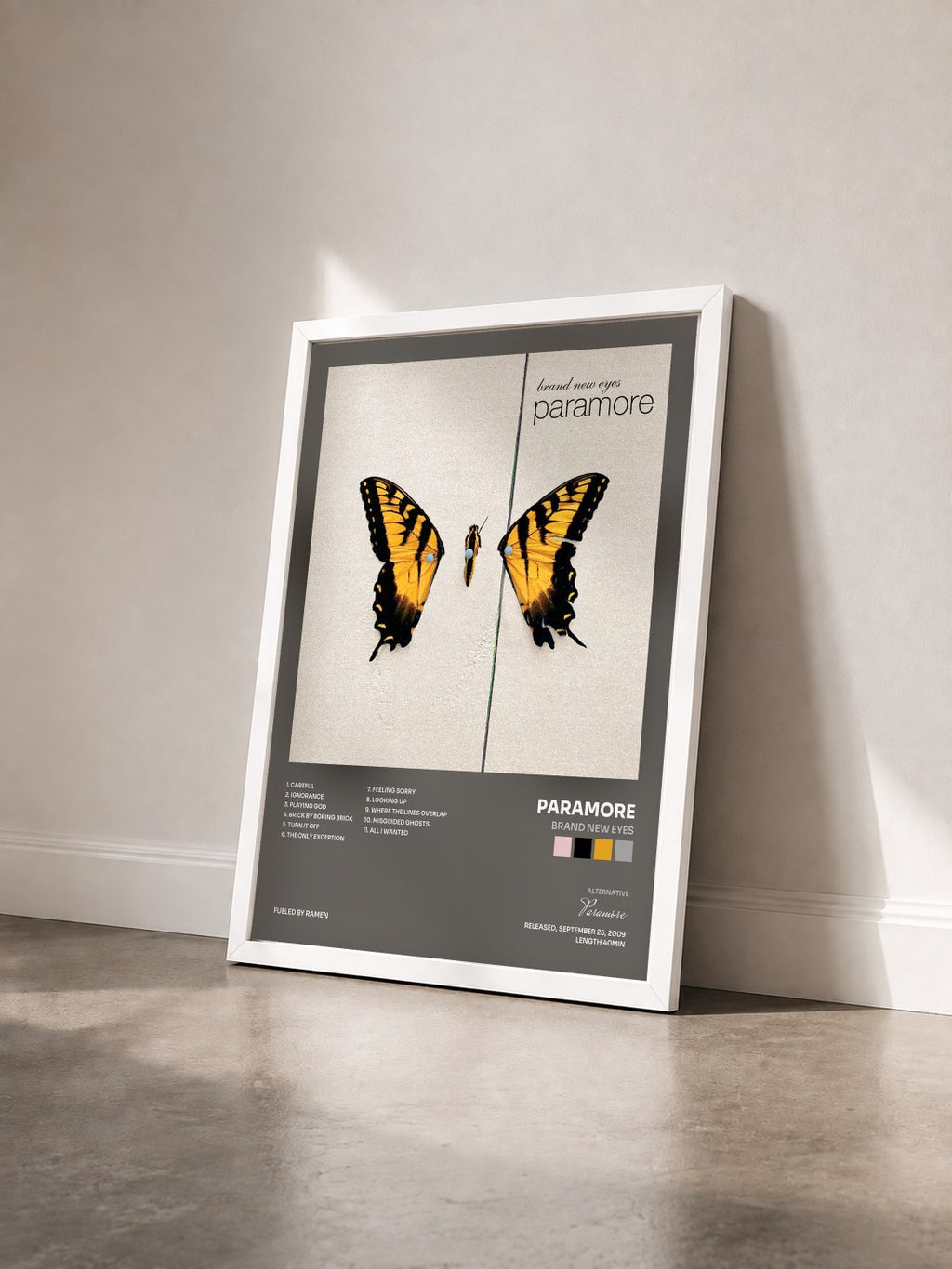 #blanc Tableau de l'album Brand New Eyes de Paramore vu de trois quarts, cadre blanc