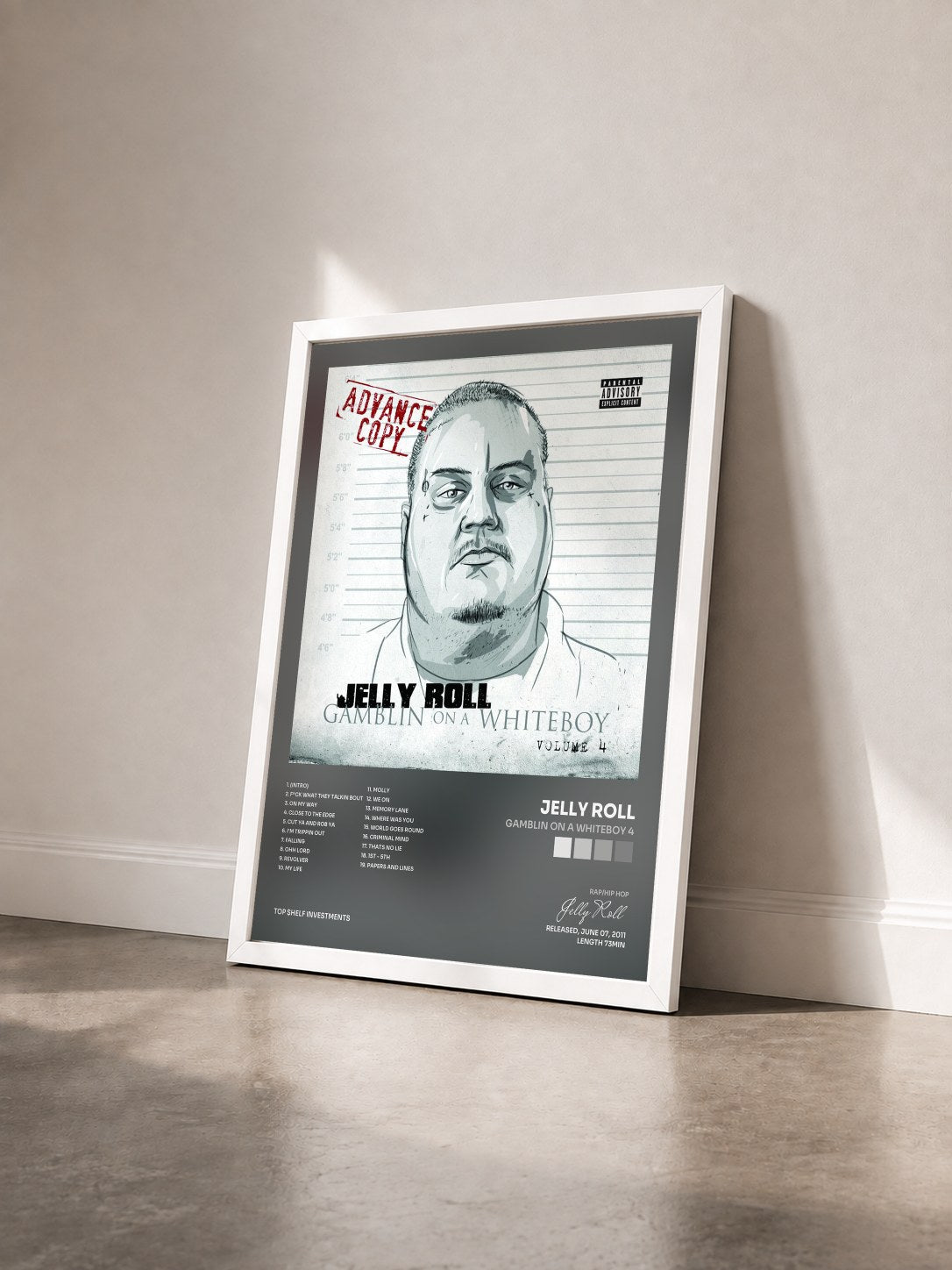 #blanc Tableau de l'album Gamblin on a Whiteboy 4 de Jelly Roll vu de trois quarts, cadre blanc