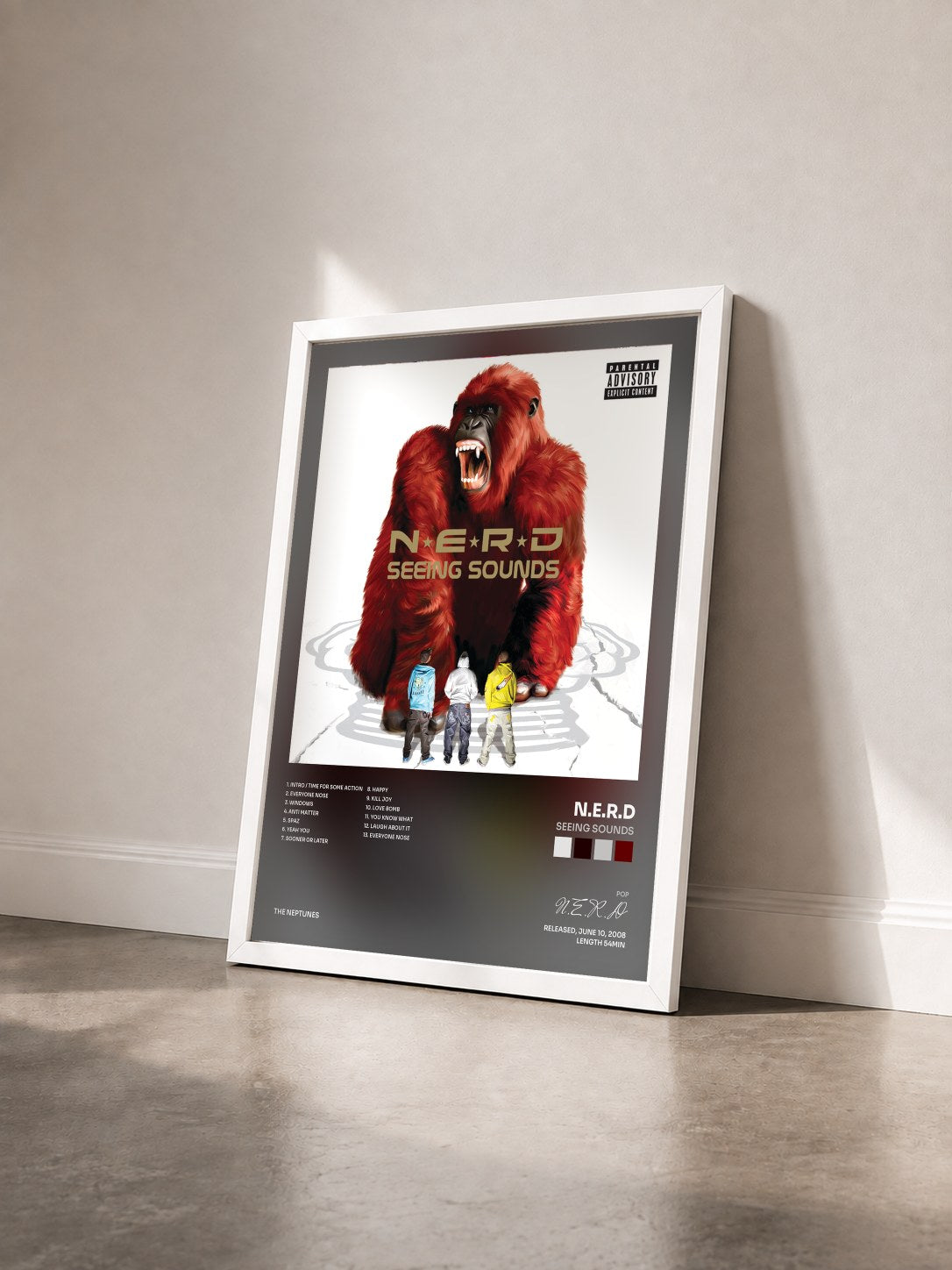 #blanc Tableau de l'album Seeing Sounds de N.E.R.D vu de trois quarts, cadre blanc