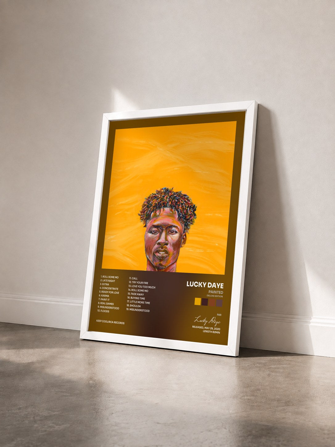 #blanc Tableau de l'album Painted (Deluxe Edition) de Lucky Daye vu de trois quarts, cadre blanc
