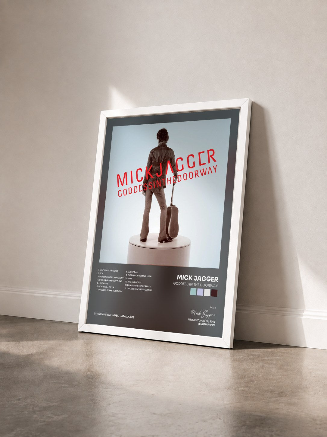 #blanc Tableau de l'album Goddess In The Doorway de Mick Jagger vu de trois quarts, cadre blanc