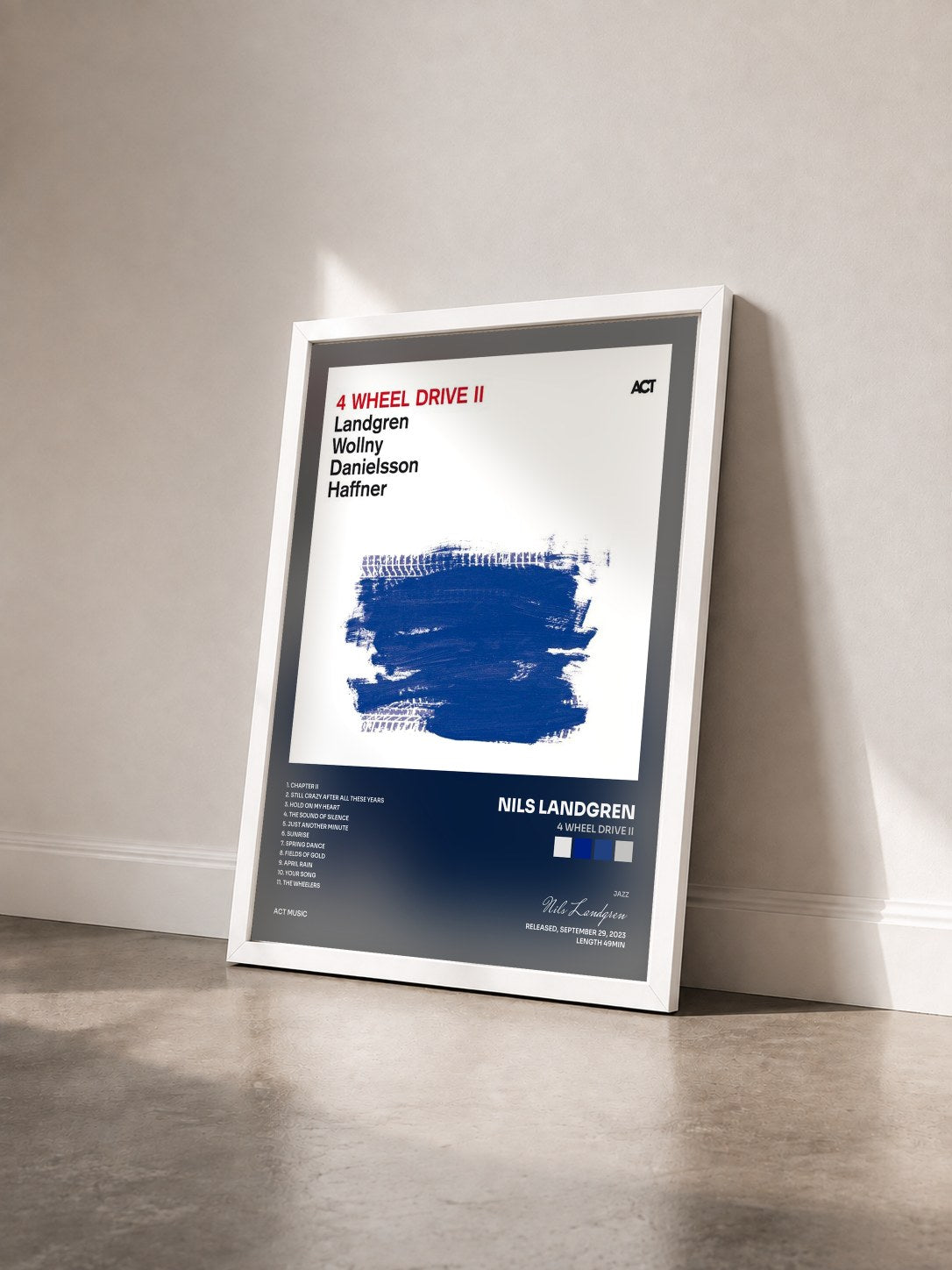 #blanc Tableau de l'album 4 Wheel Drive II de Nils Landgren vu de trois quarts, cadre blanc