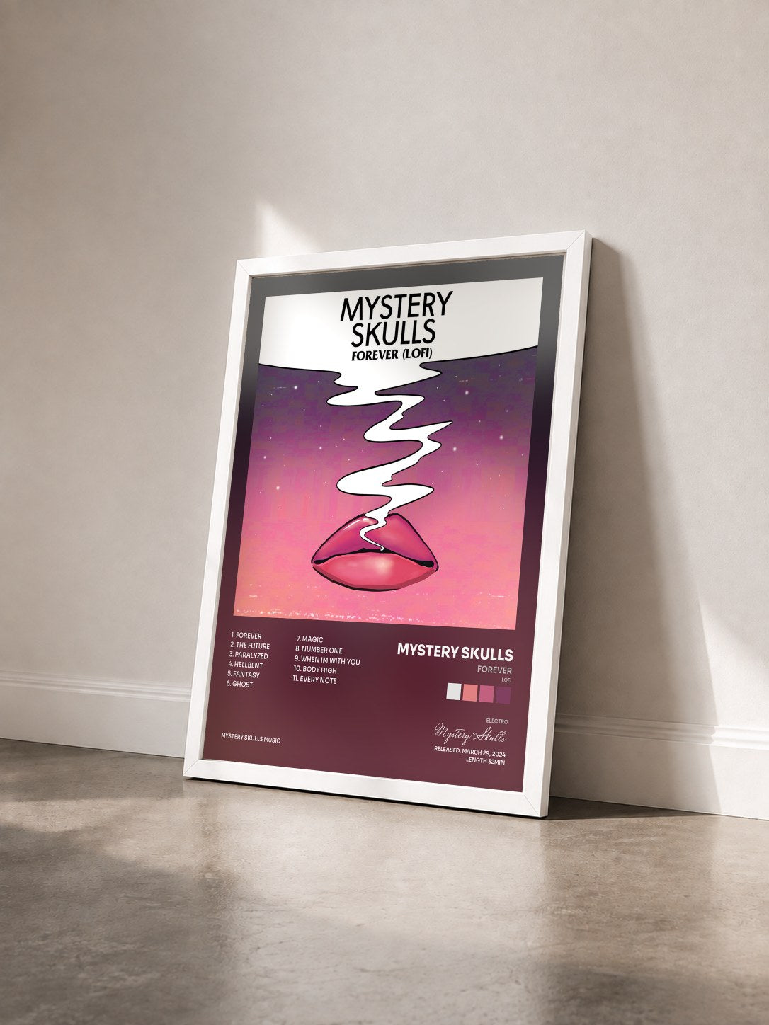 #blanc Tableau de l'album Forever (Lofi) de Mystery Skulls vu de trois quarts, cadre blanc